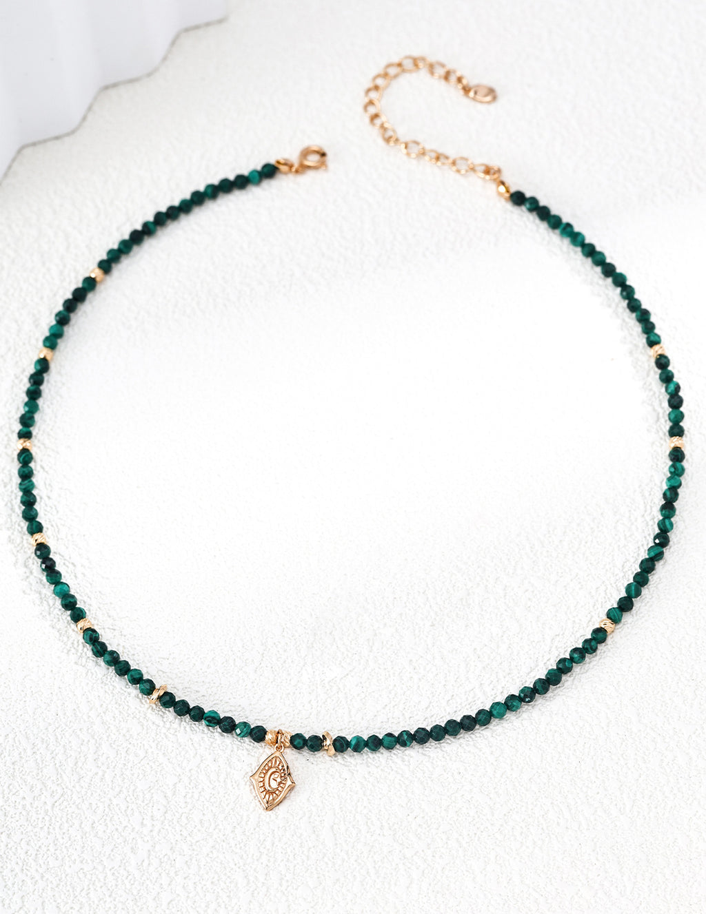 S925 Sterling Silver Malachite Beaded Choker Necklace | Vintage Gold Moon Engraved Pendant Adjustable Necklace