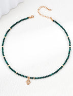 S925 Sterling Silver Malachite Beaded Choker Necklace | Vintage Gold Moon Engraved Pendant Adjustable Necklace