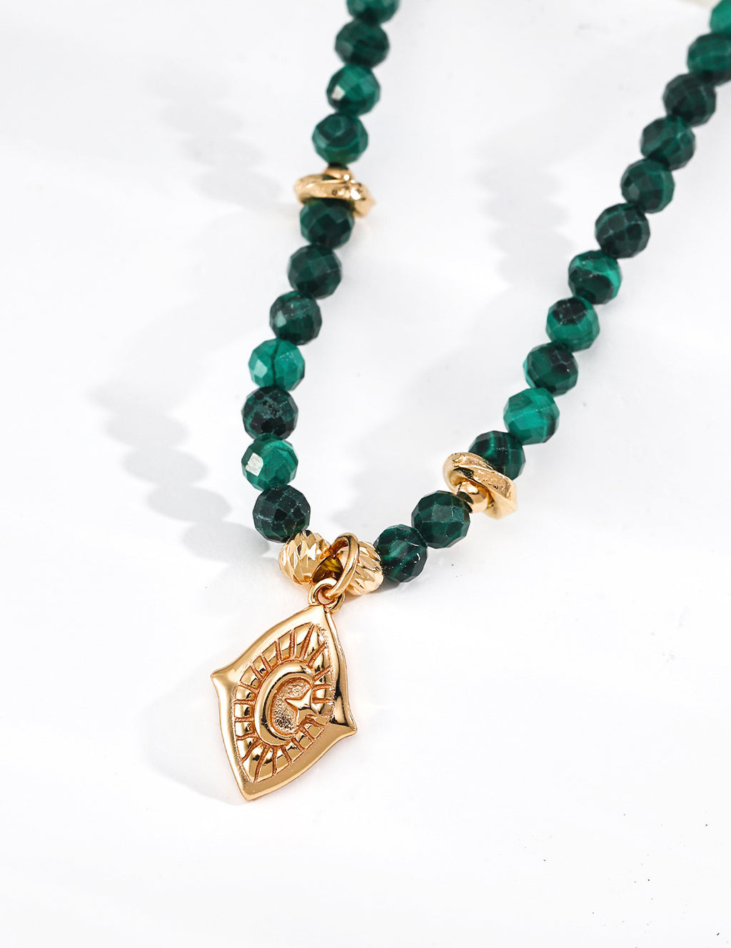 S925 Sterling Silver Malachite Beaded Choker Necklace | Vintage Gold Moon Engraved Pendant Adjustable Necklace