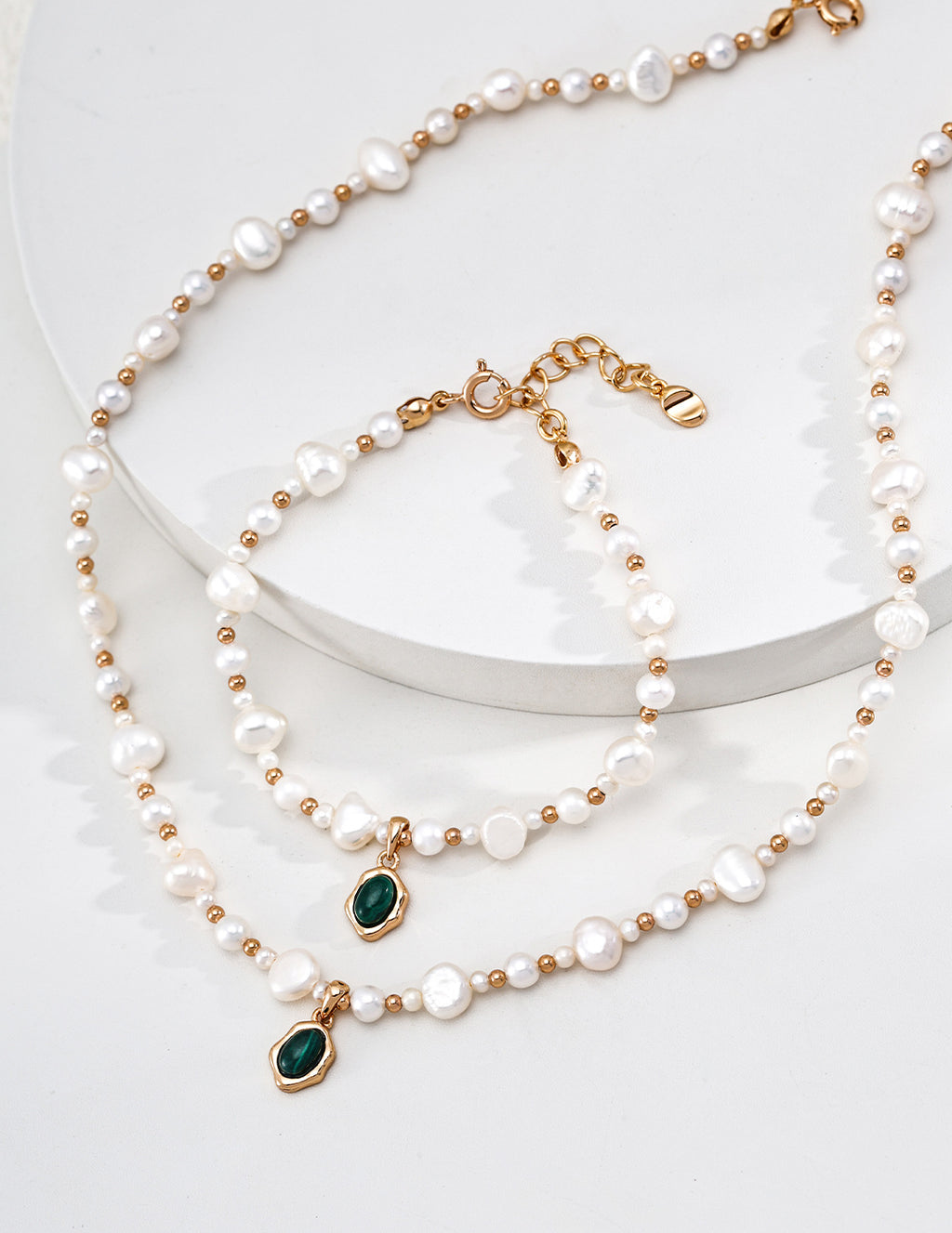 S925 Sterling Silver Natural Freshwater Pearl & Malachite Bracelet | Vintage Gold Flowing Series Adjustable Bracelet