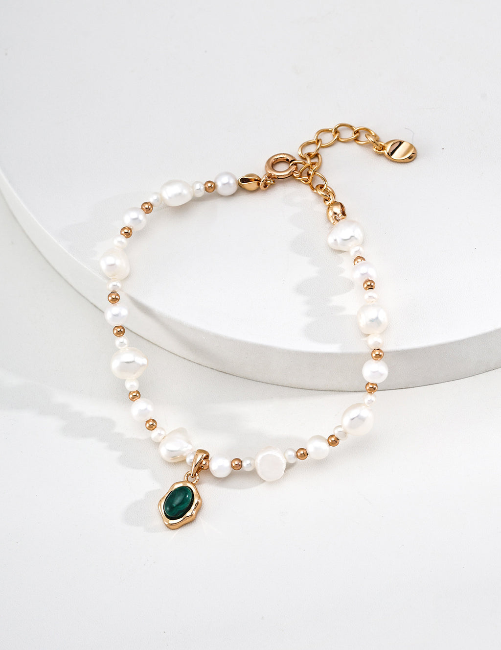 S925 Sterling Silver Natural Freshwater Pearl & Malachite Bracelet | Vintage Gold Flowing Series Adjustable Bracelet
