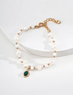 S925 Sterling Silver Natural Freshwater Pearl & Malachite Bracelet | Vintage Gold Flowing Series Adjustable Bracelet