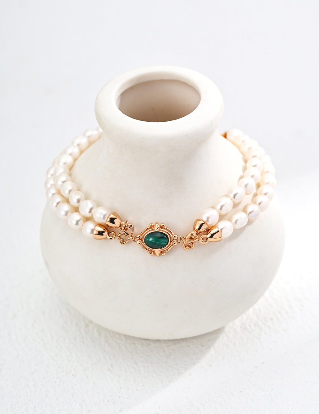 S925 Sterling Silver Freshwater Pearl & Malachite Double Strand Bracelet | Vintage Gold Adjustable Bracelet