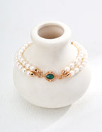 S925 Sterling Silver Freshwater Pearl & Malachite Double Strand Bracelet | Vintage Gold Adjustable Bracelet