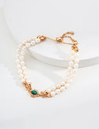 S925 Sterling Silver Freshwater Pearl & Malachite Double Strand Bracelet | Vintage Gold Adjustable Bracelet