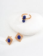 S925 Sterling Silver Natural Lapis Lazuli Open Ring | Vintage Gold Statement Ring