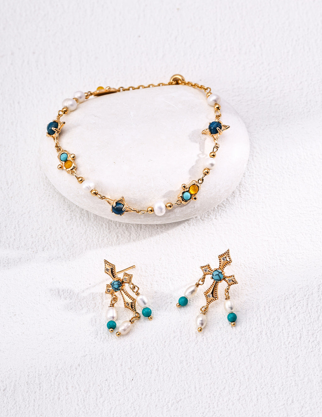 S925 Sterling Silver Natural Pearl Turquoise & Agate Star Bracelet