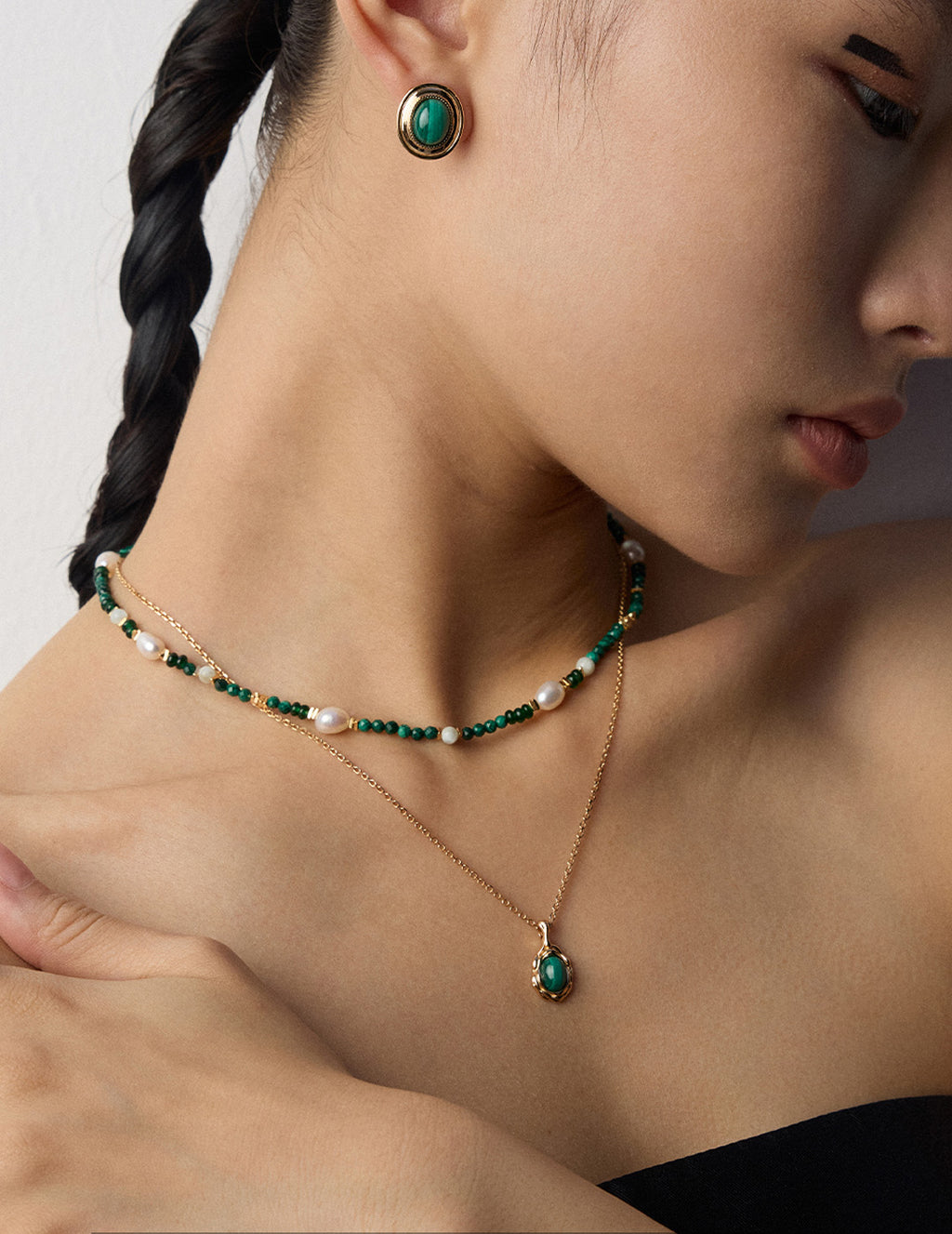 Vintage Malachite & Freshwater Pearl Beaded Choker Necklace | 925 Sterling Silver Adjustable Chain