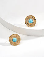 S925 Sterling Silver Vintage Turquoise Stud Earrings | Bohemian Sunburst Gold Tone Earrings