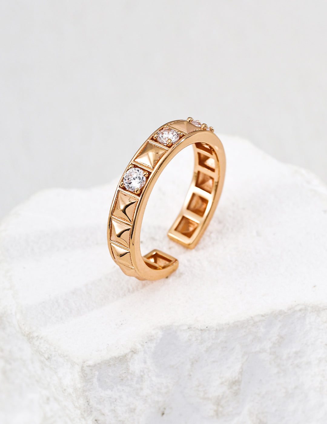 S925 Sterling Silver Lucky Wheel Open Band Ring | Pyramid Stud & CZ Inlaid Adjustable Ring