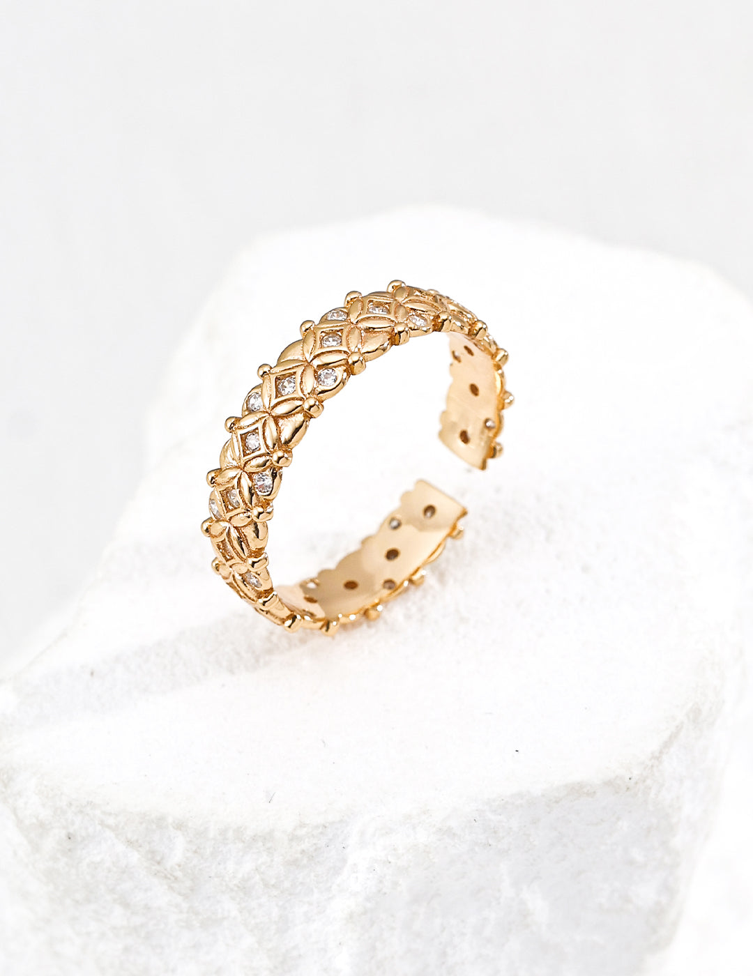 S925 Sterling Silver Vintage Open Band Ring | Oriental Coin Pattern Inlaid CZ Adjustable Ring