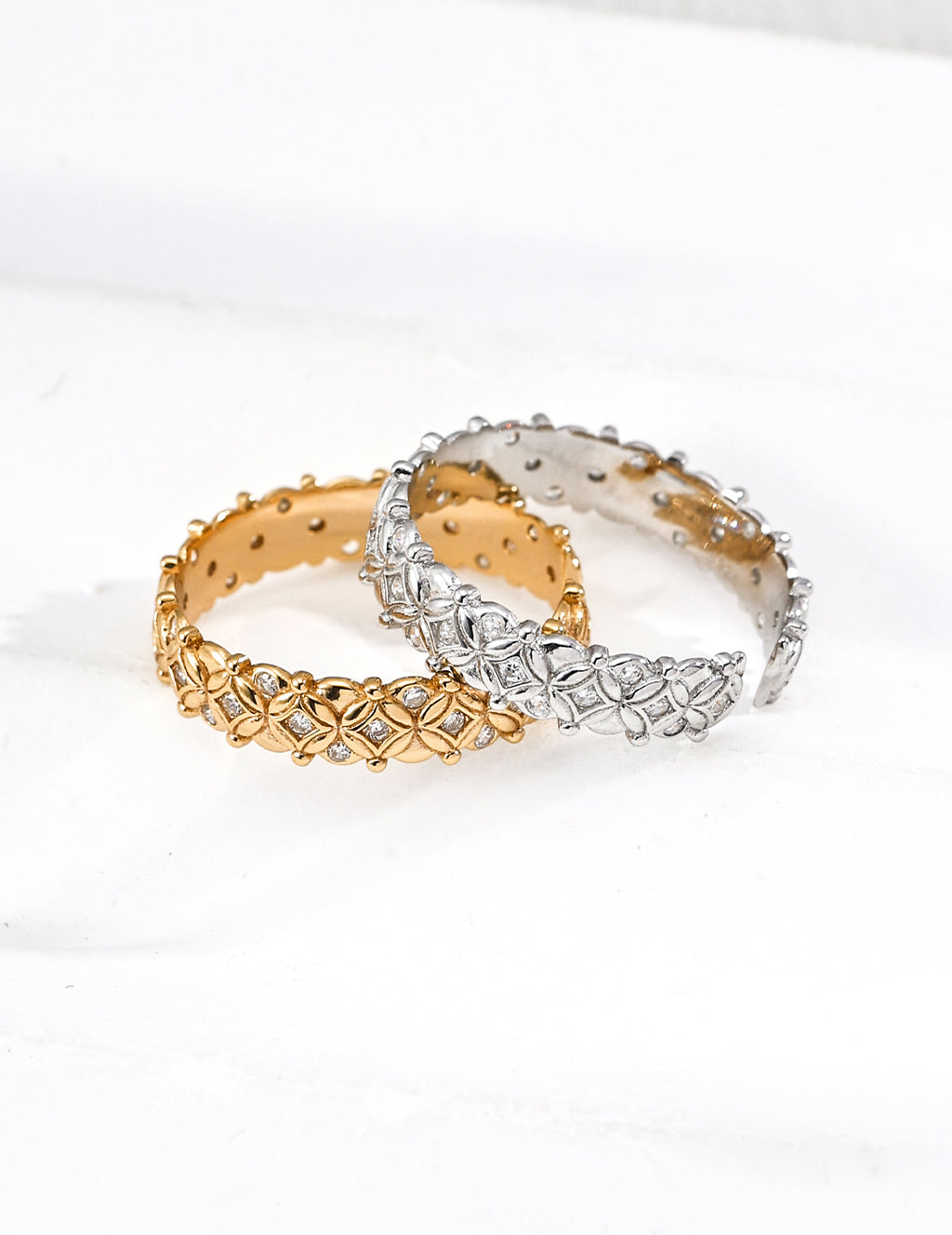 S925 Sterling Silver Vintage Open Band Ring | Oriental Coin Pattern Inlaid CZ Adjustable Ring