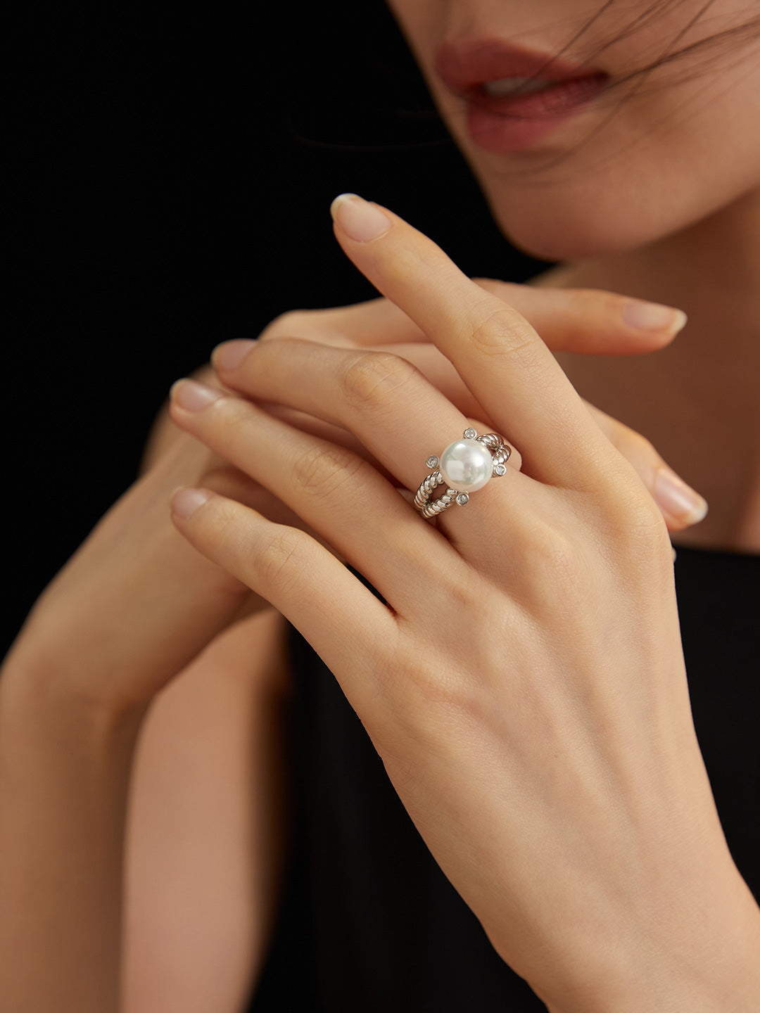 Twisted Band Pearl S925 Sterling Silver Adjustable Open Ring
