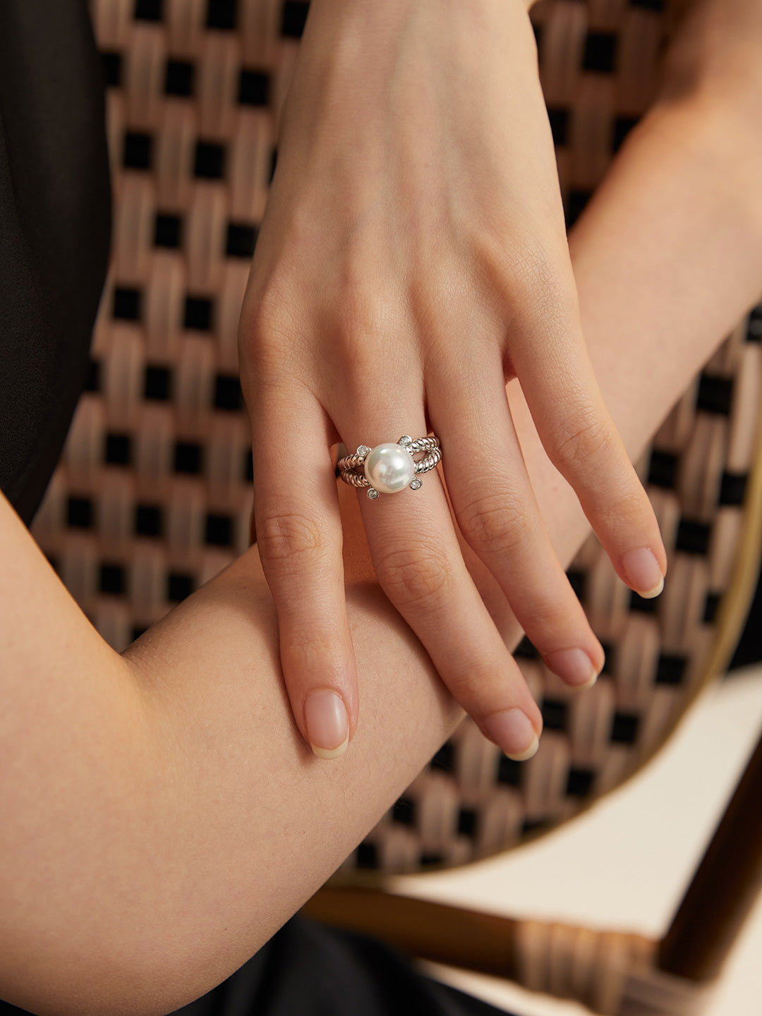Twisted Band Pearl S925 Sterling Silver Adjustable Open Ring