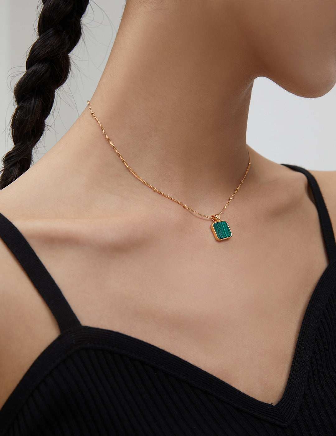 S925 Sterling Silver Natural Malachite Square Pendant Necklace