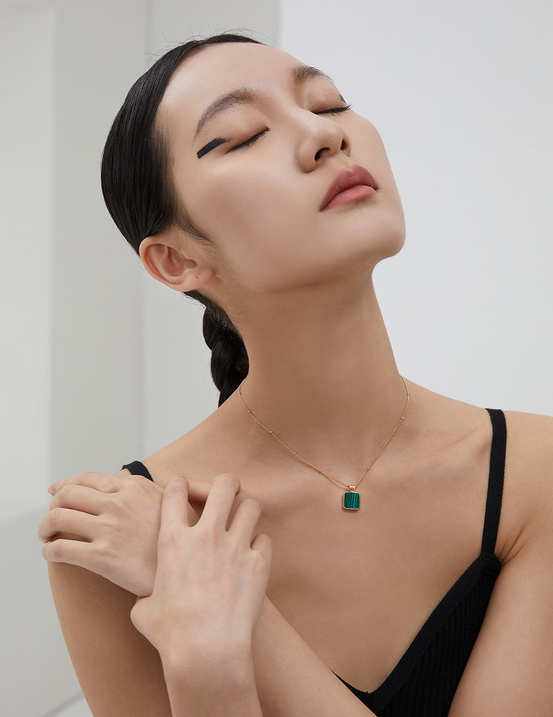 S925 Sterling Silver Natural Malachite Square Pendant Necklace