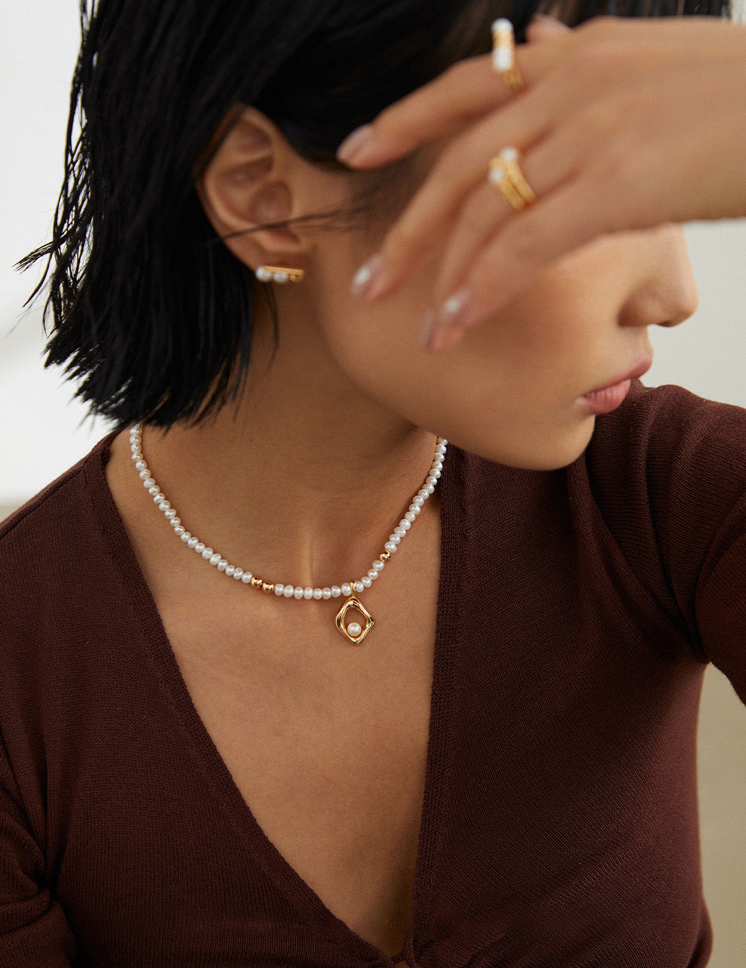 Organic Shape Pendant Natural Pearl Necklace | S925 Sterling Silver Adjustable Pearl Choker