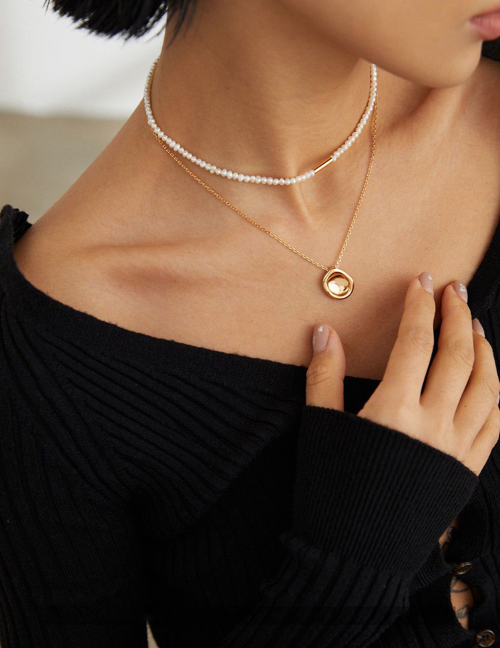French Vintage Irregular Molten Gold Disc Pendant Necklace