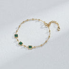 S925 Sterling Silver Square Green Cubic Zirconia Beaded Bracelet | Vintage Gold Adjustable Bracelet