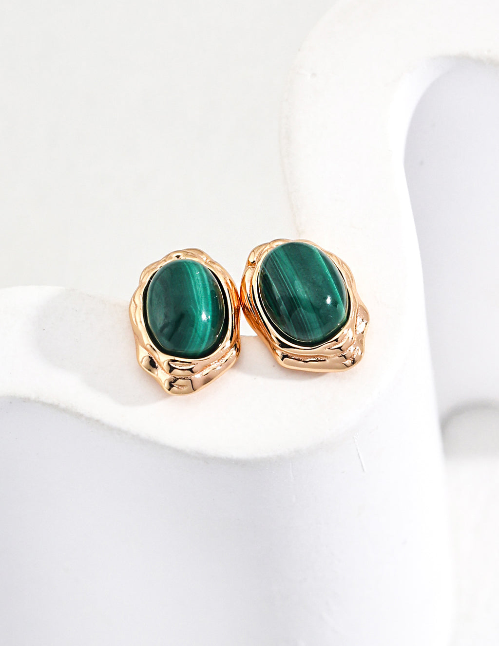 S925 Sterling Silver Natural Malachite Oval Stud Earrings | Vintage Gold Bezel Set Gemstone Earrings