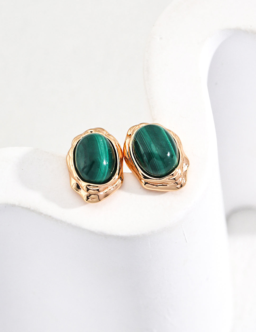 S925 Sterling Silver Natural Malachite Oval Stud Earrings | Vintage Gold Bezel Set Gemstone Earrings