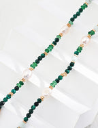 Vintage Malachite & Freshwater Pearl Beaded Choker Necklace | 925 Sterling Silver Adjustable Chain