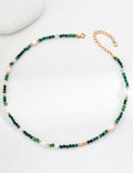 Vintage Malachite & Freshwater Pearl Beaded Choker Necklace | 925 Sterling Silver Adjustable Chain
