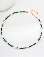 Vintage Malachite & Freshwater Pearl Beaded Choker Necklace | 925 Sterling Silver Adjustable Chain