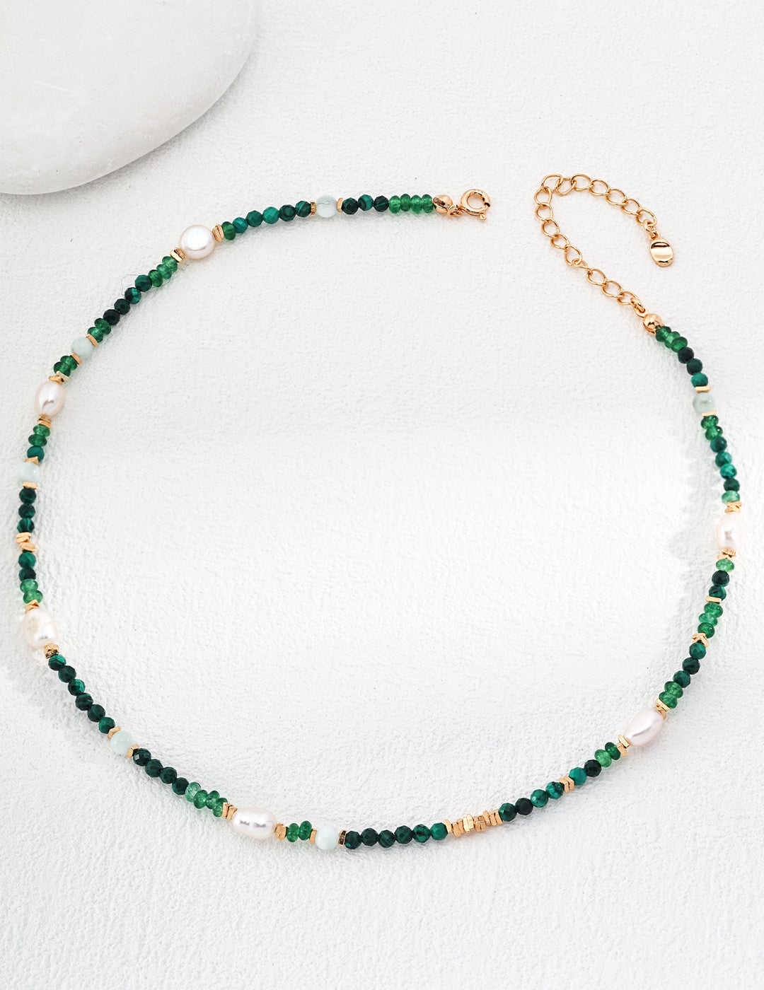 Vintage Malachite & Freshwater Pearl Beaded Choker Necklace | 925 Sterling Silver Adjustable Chain